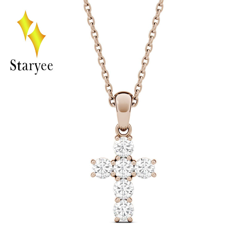 Test Positive Real 18K Rose Gold Round Brilliant Lab Grown Moissanite Diamond Cross Pendant Necklaces For Men Women