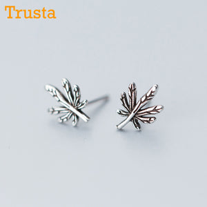 2018 100% 925 Real Sterling Thai Silver Jewelry Fashion Tiny 8mmX11mm Leaf Stud Earrings For Women Daughter Girls DS572