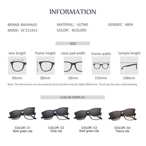 VC E11411 2 in1 Magnet Clip On Glasses Frame Men Prescription Optical Frame Eyeglasses Male Myopia Polarized Magnet Sunglasses