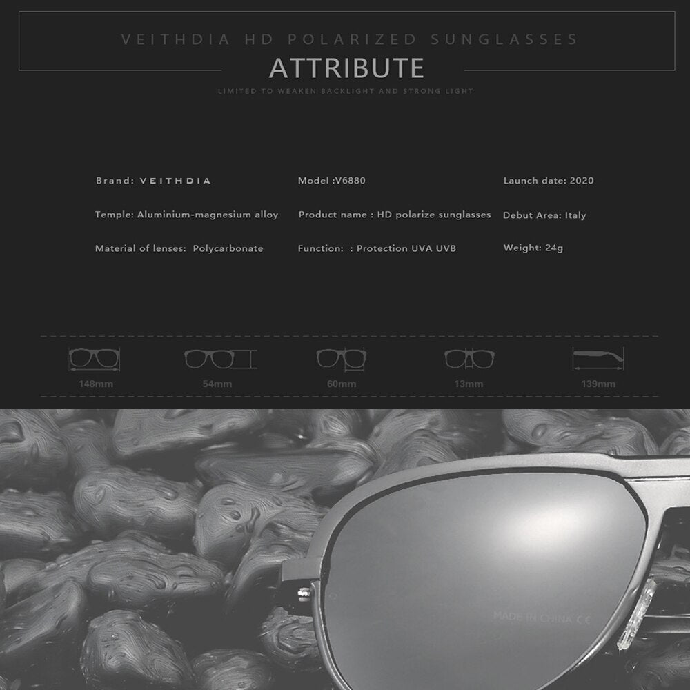 VEITHDIA Sunglasses Pilot Men Brand Driving Polarized UV400 Lens