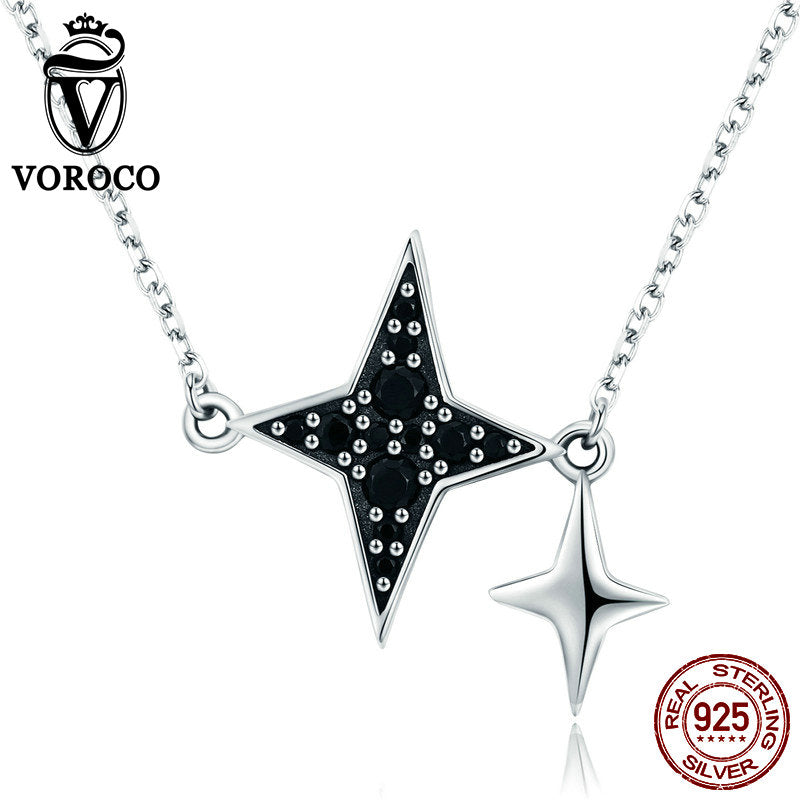 Real 925 Sterling Silver Pendant Sparkling Black CZ Star Silver Necklace For Woman Party Anniversary Fine Jewelry BKN234