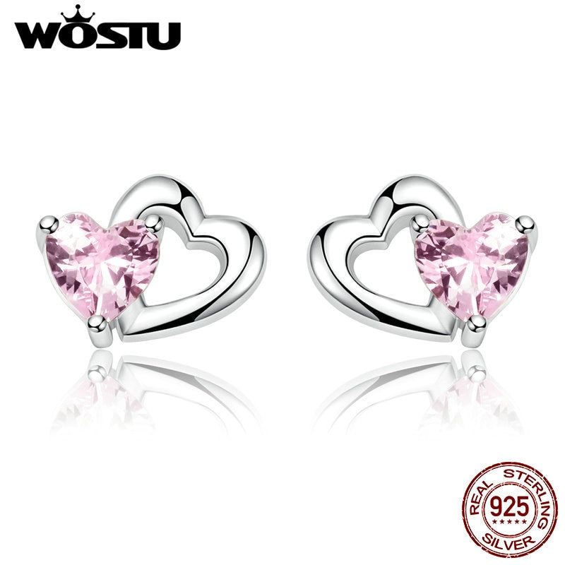 Orecchini a bottone romantici in vero argento sterling 925 con doppio cuore rosa CZ per le donne, regalo di gioielli da sposa CQE090 