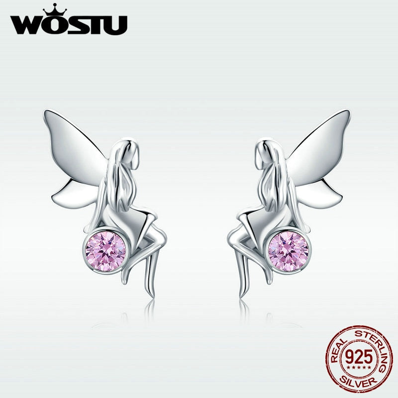 Real 925 Sterling Silver Flower Fairy Unique Pink CZ Stud Earrings For Women Girl Trendy Brand Silver Jewelry Gift DXE395