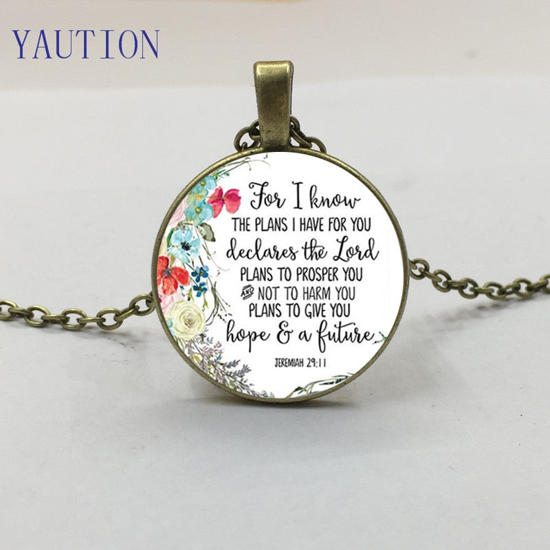 Jeremiah 29 11 For I know the plans I have for you Bible Verse Pendant Necklace Glass Cabochon Charm Christian Necklaces