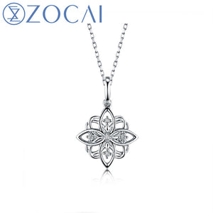 CHOKER CHERRY BLOSSOMS SHAPE 0.04CT 18K WHITE GOLD PENDANT + 925 STERLING SILVER CHAIN GIFT NECKLACE D04901